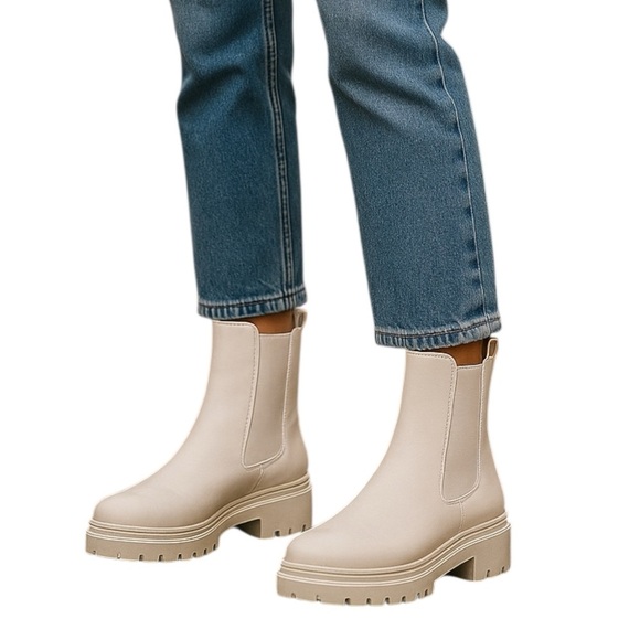 Sam Edelman Wellington Ivory Leather Lug-Sole Chelsea Boots 8.5W Water-Repellent - Picture 1 of 9